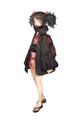 1girl backpack bag bare_legs black_hair full_body gas_mask hairband highres hood hoodie jacket japanese_clothes kimono long_hair mask mask_around_neck mogumo obi obijime okobo open_clothes open_jacket platform_sandals red_eyes sandals sash sideways_glance standing swept_bangs tokoshie_bullet tokoshie_no._4 twintails white_background yukata