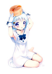 1girl artist_name barefoot bisuke-tan blue_hair female_focus gloves highres kfc short_hair signature solo usashiro_mani