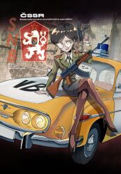 1girl absurdres car cold_war czechoslovak_army czechoslovakia gun highres motor_vehicle nico_jiang pantyhose police police_uniform policewoman self-upload sitting sitting_on_object skorpion_vz._61 submachine_gun vz._58 we_love_cold_war weapon