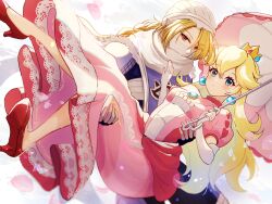2girls blonde_hair blue_eyes braid braided_ponytail carrying carrying_person closed_mouth commentary_request crown dress earrings elbow_gloves eyelashes gloves hair_between_eyes high_heels highres holding holding_umbrella jewelry long_hair mario_(series) mask mouth_mask multiple_girls nintendo norimaki_(nrmk_norinori) pink_dress princess_peach red_eyes red_footwear scarf sheik super_smash_bros. the_legend_of_zelda the_legend_of_zelda:_ocarina_of_time turban umbrella white_background white_gloves white_scarf