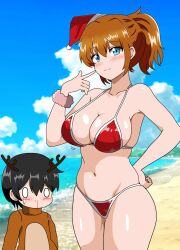 Rule 34 | 1boy, 1girl, age difference, animal costume, antlers, beach, bikini, blood, blue eyes, blue sky, breasts, brother and sister, brown hair, cleavage, cloud, commentary request, day, fake antlers, fur-trimmed headwear, fur trim, fur wrist cuffs, hat, highres, horizon, horns, kinako mochi (pixiv100419090), large breasts, medium hair, nosebleed, ocean, onee-shota, original, outdoors, red bikini, red hat, reindeer antlers, reindeer costume, santa hat, siblings, sky, string bikini, swimsuit, white trim, wrist cuffs