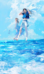 2girls black_hair blue_theme bug butterfly closed_eyes cloud copyright_request dress floating full_body happy highres horizon ibuki_satsuki insect long_hair midriff multiple_girls navel ocean shirt shorts sky smile t-shirt water