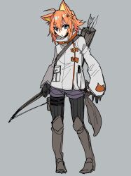 Rule 34 | 1boy, ahoge, androgynous, animal ears, black gloves, blue eyes, boots, bow (weapon), cat ears, full body, gloves, grey background, haoro, high collar, highres, holding, holding bow (weapon), holding weapon, jacket, knee boots, long sleeves, male focus, medium hair, orange hair, original, parted lips, quiver, simple background, sketch, solo, weapon, white jacket