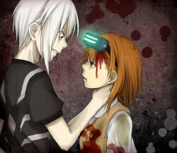 Rule 34 | 1boy, 1girl, accelerator (toaru majutsu no index), adam&#039;s apple, albino, bare arms, black shirt, blood, blood on clothes, blood on face, blood splatter, brown eyes, brown hair, brown sweater, brown sweater vest, brown vest, collared shirt, commentary request, emblem, evil grin, evil smile, from side, glowing, goggles, goggles on head, grin, hand on another&#039;s neck, hand up, looking at another, medium hair, misaka imouto, neck grab, negiko123123, night vision device, pale skin, red eyes, school emblem, school uniform, shirt, short hair, short sleeves, sidelocks, sleeveless, sleeveless sweater, smile, sternocleidomastoid muscle, summer uniform, sweater, sweater vest, toaru majutsu no index, tokiwadai school uniform, v-shaped eyebrows, vest, white hair, white shirt
