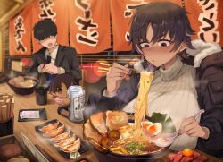 1boy 1girl asahi_breweries beer_can black_hair black_jacket black_suit bon_(vtuber) breasts can chibi chopsticks collared_shirt dark-skinned_female dark_skin drink_can earrings food formal_clothes fur-trimmed_jacket fur_trim gurenola holding holding_chopsticks indie_virtual_youtuber jacket jewelry large_breasts multicolored_hair noodles open_clothes open_jacket open_mouth pink_hair ribbed_sweater shirt short_hair streaked_hair suit sweat sweater virtual_youtuber white_shirt white_sweater