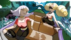 2girls annie_(pokemon) ariados ash_ketchum belt bianca_(pokemon_heroes) blonde_hair blunt_bangs boat bracelet canal choker city collarbone drill_hair espeon gen_2_pokemon hair_over_one_eye jewelry mayotsunamayo multiple_girls necklace nintendo oakley_(pokemon) outdoors pokemon pokemon_(anime) pokemon_(classic_anime) pokemon_(creature) pokemon_heroes:_latios_&amp;_latias shadow short_hair sidelocks sitting smile steering_wheel sunglasses tail tree twin_drills twitter_username water watercraft white_hair