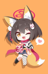 1girl :d animal_ears black_gloves black_hair blue_archive brown_eyes commentary deformed fang fishnet_thighhighs fishnets fox_ears fox_girl fox_hair_ornament fox_tail gloves halo heart izuna_(blue_archive) japanese_clothes needle_(574187457) one_side_up open_mouth orange_background partially_fingerless_gloves pink_halo short_hair simple_background single_sock single_thighhigh skin_fang smile socks solo speech_bubble spoken_heart tail thighhighs