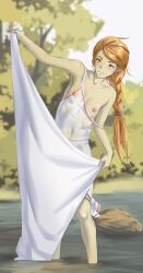 1girl absurdres arm_up armpit_crease armpits bed_sheet body_freckles braid breasts collarbone commentary day dress english_commentary forest freckles full_body grin hair_ornament hair_scrunchie happy highres iskanderednaksi laundry long_hair nature navel nipples no_bra orange_eyes orange_hair original outdoors outstretched_arm pink_scrunchie river rock scrunchie see-through_clothes see-through_dress shore single_braid sleeveless sleeveless_dress small_breasts smile solo standing strap_slip tied_dress wading water wet wet_clothes wet_dress white_dress zenra