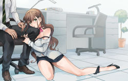 1boy 1girl bad_id bad_pixiv_id bare_shoulders black_bra black_panties bra brown_hair chair desk green_eyes high_heels miniskirt no_socks ocha_(oteaaa) office_chair original out_of_frame panties panties_around_leg parted_lips shirt_slip skirt strap_slip swivel_chair underwear