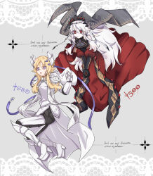 2girls arm_armor armor armored_boots armored_gloves black_tiara black_veil blazing_cartesia_the_virtuous blonde_hair blue_eyes boots breasts cleavage closed_mouth dogmatika_ecclesia_the_virtuous dress duel_monster ecclesia_(yu-gi-oh!) facial_mark forehead_mark full_armor grey_background hair_between_eyes hair_ornament hairband leg_armor long_dress long_hair long_sleeves looking_at_viewer medium_breasts multiple_girls open_mouth red_dress red_eyes shoulder_armor simple_background smile stigmata tiara veil white_armor white_hair yoruno_tori3 yu-gi-oh!