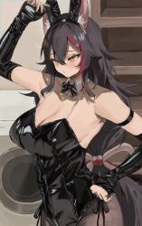 Rule 34 | 1girl, absurdres, animal ear fluff, animal ear hairband, animal ears, arm strap, arm up, black bow, black bowtie, black gloves, black hair, black hairband, black leotard, black pantyhose, blush, bow, bowtie, breasts, cleavage, closed mouth, collar, commentary request, detached collar, double-parted bangs, fake animal ears, fingerless gloves, gloves, hair between eyes, hairband, hand on own hip, highres, hololive, indoors, large breasts, leather, leather gloves, leather leotard, leotard, long bangs, long hair, low-tied long hair, multicolored hair, nekoshima kaede, ookami mio, orange eyes, pantyhose, playboy bunny, rabbit ear hairband, rabbit ears, raised inner eyebrows, red streaks, solo, standing, streaked hair, very long hair, virtual youtuber, white collar, wing collar