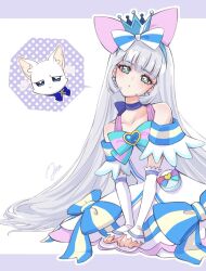 Rule 34 | 1girl, :&lt;, aqua bow, aqua bowtie, bag bow, bare shoulders, blue bow, blue brooch, blue choker, blue crown, blue eyes, blue hairband, blue sleeves, blunt bangs, border, bow, bow choker, bowtie, bright pupils, brooch, cat, choker, clenched hands, closed mouth, clothing cutout, collarbone, commentary request, crown, crown earrings, cure nyammy, dot nose, dress, dress bow, earrings, expressionless, eyelashes, feather-trimmed sleeves, fingernails, frilled dress, frills, frown, grey hair, hair bow, hair spread out, hairband, hands on lap, head tilt, heart, heart brooch, highres, jewelry, kneeling, lace-trimmed arm warmers, large bow, letterboxed, light blush, long hair, looking at viewer, magical girl, mini crown, multicolored bow, nekoyashiki yuki, nekoyashiki yuki (cat), outline, outside border, pink bow, precure, purple border, short dress, short sleeves, shoulder cutout, signature, single stripe, solo, spoken animal, straight hair, strap, striped bow, striped bowtie, striped clothes, uta (yagashiro25), very long hair, waist bag, white arm warmers, white background, white bag, white bow, white cat, white dress, white outline, wonderful precure!, yellow pupils