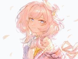 1girl blue_eyes breasts coat commentary_request cyrene_(honkai:_star_rail) dress falling_petals hair_ornament highres honkai:_star_rail honkai_(series) jewelry looking_at_viewer medium_hair michi_(michi1023_hase) necklace petals pink_hair pink_pupils purple_coat small_breasts solo upper_body white_dress