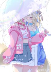 2girls blonde_hair blue_eyes blue_hair blush breasts closed_eyes dog_tail fuwawa_abyssgard fuwawa_abyssgard_(casual) highres hinata_hirune holding holding_umbrella hololive hololive_english imminent_kiss mococo_abyssgard mococo_abyssgard_(casual) multicolored_hair multiple_girls official_alternate_costume pink_hair shared_umbrella siblings streaked_hair tail transparent transparent_umbrella twins umbrella virtual_youtuber yuri