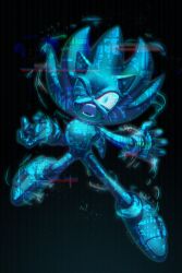 1boy absurdres animal_ears animal_nose black_background black_shoes blue_eyes commentary english_commentary fangs furry furry_male glitch gloves glowing glowing_eyes hedgehog highres one_eye_closed open_mouth rero_(rero_nn) shoes simple_background sneakers snout socks solo sonic_(series) sonic_frontiers sonic_frontiers:_the_final_horizon sonic_the_hedgehog spoilers super_sonic super_sonic_cyber teeth