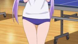 Rule 34 | 1girl, animated, animated gif, arrow (symbol), blue buruma, blush, buruma, closed mouth, embarrassed, fingers together, hair ornament, indoors, interior, kamiya agari, legs, long hair, looking at viewer, looking to the side, open mouth, purple eyes, purple hair, shakunetsu no takkyuu musume, solo, standing, table tennis, twintails
