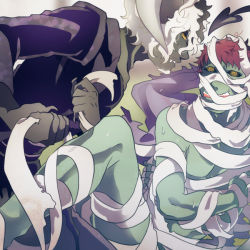 Rule 34 | 10s, 2boys, @ @, bandages, beard, black sclera, colored sclera, colored skin, covering privates, demon mummy (show by rock!!), facial hair, fangs, fingernails, green skin, grey skin, leg up, male focus, maruboku, multiple boys, mummy, mustache, open mouth, red hair, sharp fingernails, show by rock!!, sweat, tail, tasmanian demon (show by rock!!), wavy mouth, white hair, yaoi, yellow eyes, yellow sclera