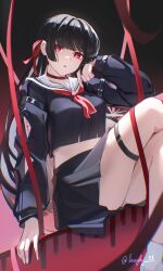 1girl absurdres black_hair black_shirt black_skirt breasts bright_pupils chisa_(wuthering_waves) choker commentary crop_top hair_ribbon hand_up highres laughy88 long_hair looking_at_viewer medium_breasts midriff parted_lips red_choker red_eyes red_ribbon ribbon sailor_collar school_uniform serafuku shirt sitting skirt solo tacet_mark_(wuthering_waves) thigh_strap twitter_username white_pupils white_sailor_collar wuthering_waves