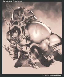 1boy absurdres all_fours antenna_hair anus arched_back bare_shoulders bleach bleach:_sennen_kessen-hen giselle_gewelle highres leggings long_hair noodlenood penis sepia smile solo testicles tongue tongue_out trap v