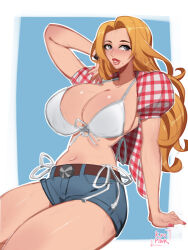Rule 34 | arm behind head, artist name, bikini, bikini top only, bleach, blue eyes, breasts, collarbone, denim, denim shorts, jeans shorts, kwon eun-bi, kwon eun-bi (cosplay), kyopink, large breasts, long hair, matsumoto rangiku, mole, mole under mouth, orange hair, photo-referenced, pink nails, shiny skin, shorts, simple background, sitting, swimsuit, thighs, white background