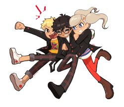 1girl 2boys alternate_skin_color amamiya_ren arm_hug arm_up black_hair black_jacket black_pants black_shoes blonde_hair blue_eyes boots bright_pupils brown_boots brown_eyes clenched_hand closed_eyes dukecarrion full_body glasses grin hair_ornament hairclip hands_in_pockets highres hood hooded_jacket jacket long_hair long_sleeves looking_at_another multiple_boys open_clothes open_jacket open_mouth pants pants_rolled_up pantyhose persona persona_5 plaid_clothes plaid_pants print_shirt red_pantyhose sakamoto_ryuuji school_uniform sharp_teeth shirt shoes short_hair shuujin_academy_school_uniform simple_background smile sneakers t-shirt takamaki_anne teeth twintails white_background white_pupils white_sneakers