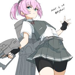 Rule 34 | 1girl, absurdres, adapted turret, bigkwl, bike shorts, bike shorts under skirt, black gloves, blue eyes, dated, dress shirt, fingerless gloves, gloves, grey skirt, grey vest, hair ribbon, highres, kantai collection, miniskirt, neck ribbon, pink hair, pleated skirt, ponytail, red ribbon, ribbon, rigging, school uniform, shiranui (kancolle), shiranui kai ni (kancolle), shirt, short hair, short ponytail, short sleeves, shorts, shorts under skirt, skirt, vest, white background, white ribbon, white shirt