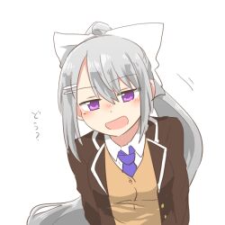 1girl :d blazer blush_stickers bow brown_cardigan brown_jacket cardigan collared_shirt grey_hair hair_between_eyes hair_bow higuchi_kaede higuchi_kaede_(1st_costume) jacket looking_at_viewer necktie nijisanji open_clothes open_jacket open_mouth ponytail purple_eyes purple_necktie rebecca_(keinelove) school_uniform shirt simple_background smile solo translation_request upper_body virtual_youtuber white_background white_bow white_shirt