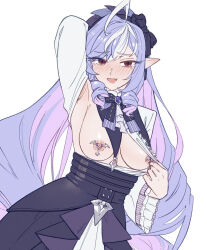 Rule 34 | 1girl, ahoge, black skirt, breasts, highres, long hair, long sleeves, medium breasts, mole, mole under eye, multicolored hair, nipple piercing, open mouth, piercing, pointy ears, purple hair, red eyes, shirt, shirt aside, simple background, skirt, smile, solo, streaked hair, vibrantrida, vivian banshee, white background, white hair, white shirt, wide sleeves, zenless zone zero