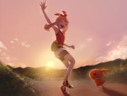 Rule 34 | 1girl, arm up, armpits, bike shorts, bike shorts under shorts, black shorts, bow, bow hairband, closed eyes, cloud, commentary request, fanny pack, full body, gen 3 pokemon, hairband, highres, knr kanra, may (pokemon), nintendo, open mouth, outdoors, pokemon, pokemon (creature), pokemon oras, red bow, red hairband, red shirt, shirt, shoes, short hair, shorts, sleeveless, sleeveless shirt, sun, sunset, teeth, torchic, upper teeth only, waving, white shorts