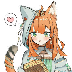 1girl :d animal_ears arknights blush book commentary dress earrings ears_under_headwear green_eyes hair_ornament heart highres holding holding_book hood hooded_dress jewelry long_hair looking_at_viewer open_mouth orange_hair orange_tail papyrus_(arknights) roi_423 simple_background sketch smile solo spoken_heart tail tail_ornament tail_ring upper_body uroko_(pattern) white_background white_dress