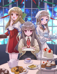 Rule 34 | 3girls, :d, air (visual novel), apron, blue eyes, blue ribbon, blush, bow, brown hair, capelet, clannad, commentary request, cowboy shot, cross, cross print, crossover, cup, dress, food, frilled apron, frills, green bow, hair between eyes, hair bow, hair ribbon, hand to own mouth, hand up, holding, holding paper, holding tray, indoors, kanon, key (company), kurata sayuri, light brown hair, light particles, long hair, long sleeves, looking at viewer, miyazawa yukine, miyoshino, multiple crossover, multiple girls, necktie, night, open mouth, orange eyes, paper, plaid bow, purple eyes, red dress, red necktie, ribbon, sailor collar, school uniform, short necktie, sidelocks, sitting, smile, standing, straight-on, straight hair, sweets, table, tea, teacup, teapot, toono minagi, tray, white apron, white capelet, white sailor collar