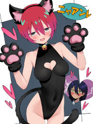 2girls amate_yuzuriha animal_ears aqua_eyes bare_arms bare_legs bare_shoulders bell blush breasts cat_ears cat_girl cat_tail cleavage_cutout closed_mouth clothing_cutout commentary_request dark-skinned_female dark_skin fang gundam gundam_gquuuuuux heart highres kemonomimi_mode leotard long_hair looking_at_viewer multiple_girls nyaan_(gundam_gquuuuuux) open_mouth paw_pose pun purple_hair red_hair sabi1234 short_hair skin_fang smile solo_focus sweatdrop tail translated yellow_eyes yuri