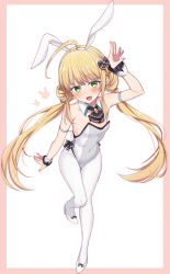 1girl :d absurdres ahoge animal_ears arm_up bare_shoulders blonde_hair border breasts collar collarbone commentary_request commission detached_collar eldereze_(twinkle_star_knights) fake_animal_ears full_body green_eyes grey_leotard hairband high_heels highres leotard long_hair looking_at_viewer low_twintails nonono_mino open_mouth pantyhose pink_border pixiv_commission playboy_bunny rabbit_ears shoes simple_background small_breasts smile solo standing standing_on_one_leg strapless strapless_leotard twinkle_star_knights twintails very_long_hair white_background white_collar white_hairband white_pantyhose white_shoes wing_collar wrist_cuffs
