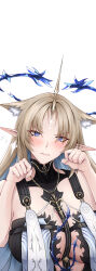 Rule 34 | 1girl, absurdres, animal ear fluff, animal ears, black collar, blonde hair, blue eyes, blue hair, breasts, cat ears, collar, colored inner hair, commentary, crown of thorns, earrings, fleurdelys (wuthering waves), floating earrings, flustered, hands up, highres, horns, huge breasts, jewelry, kemonomimi mode, long hair, long horns, looking at viewer, multicolored hair, necklace, out of character, parted bangs, parted lips, paw pose, pointy ears, sidelocks, simple background, single horn, solo, tacet mark (wuthering waves), upper body, v-shaped eyebrows, west (user frmf8438), white background, wuthering waves, yellow horns