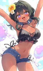 1girl ;d armpits arms_up bikini black_bikini black_hair blurry blush breasts cleavage dark-skinned_female dark_skin dated depth_of_field double-parted_bangs flower frilled_bikini frills hair_flower hair_intakes hair_ornament halterneck highres idolmaster idolmaster_cinderella_girls large_breasts natalia_(idolmaster) navel one_eye_closed open_mouth partially_unzipped purple_eyes short_shorts shorts sidelocks smile solo sparkling_eyes swimsuit teeth trente upper_teeth_only