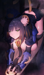 1girl absurdres all_fours animal_ear_fluff animal_ears arm_blade armor black_hair blue_armor breasts brown_hair cleavage cropped_jacket duel_monster elbow_gloves fingerless_gloves gloves gogosuisui gradient_hair green_eyes hanging_breasts highres holding jacket k9_-_#17_izuna large_breasts multicolored_hair pout short-sleeved_jacket short_hair short_sleeves shoulder_pads skirt solo tail two-tone_hair weapon weasel_ears weasel_girl weasel_tail yu-gi-oh!