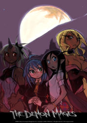 +_+ 4girls ahoge ari_laharis basilisk black_hair blonde_hair blue_eyes blue_hair bracelet breasts chain choker cleavage copyright_name crossed_arms crybringer dark-skinned_female dark_elf dark_skin dated demon_girl demon_mages elf full_moon glasses green_eyes green_hair grey_eyes hands_on_own_hips highres horns jewelry leotard looking_at_viewer medium_breasts monster_girl moon multiple_girls necktie night open_mouth original outdoors own_hands_clasped own_hands_together plaid_clothes plaid_skirt pointy_ears ponytail red_eyes scar signature single_horn sketch skirt slit_pupils snake_hair standing tara_olphoros tess_tesryon watermark web_address ziggy_kakziga zipper