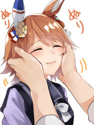 1girl =_= animal_ears bow brown_hair clover_hair_ornament commentary_request daruma_doll ear_covers closed_eyes face_hold flipped_hair hair_between_eyes hair_ornament highres horse_ears horse_girl kakuteru_sudachi matikanefukukitaru_(umamusume) school_uniform serafuku short_hair simple_background single_ear_cover tracen_school_uniform translation_request umamusume white_background