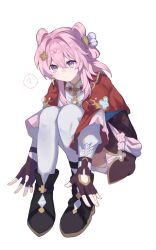 Rule 34 | 1girl, ?, bell, black gloves, black shoes, blue eyes, fingerless gloves, gloves, hair bell, hair ornament, highres, honkai: star rail, honkai (series), jingle bell, knees up, long sleeves, looking at viewer, march 7th (honkai: star rail), march 7th (hunt) (honkai: star rail), maruku1631618, medium hair, official alternate costume, pink hair, shoes, shuangyaji, simple background, solo, spoken question mark, thighhighs, white background, white thighhighs
