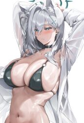 1girl absurdres ahoge animal_ears aqua_eyes arms_up bikini bikini_under_clothes black_bikini black_choker blue_archive blush breasts choker collarbone commentary cross_hair_ornament extra_ears grey_hair hair_ornament halo hashtag-only_commentary highres large_breasts long_hair looking_ahead mismatched_pupils navel open_clothes open_shirt samart see-through_clothes see-through_shirt shiroko_(blue_archive) shiroko_terror_(blue_archive) shirt simple_background skindentation solo stomach swimsuit symbol-only_commentary upper_body very_long_hair white_background white_shirt wolf_ears