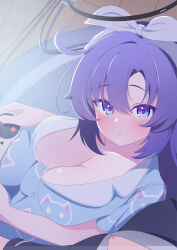 Rule 34 | 1girl, absurdres, animal print, blue archive, blue pajamas, blush, bow hairband, breasts, cat print, cleavage, closed mouth, collarbone, controller, dot mouth, dot nose, fortysansan, game controller, hair between eyes, hairband, halo, highres, holding, holding controller, holding game controller, large breasts, long hair, looking at viewer, mechanical halo, official alternate costume, official alternate hairstyle, pajamas, print pajamas, purple eyes, purple hair, red pupils, sidelocks, solo, white hairband, yuuka (blue archive), yuuka (pajamas) (blue archive)