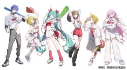 Rule 34 | 1boy, 5girls, black shoes, black socks, blonde hair, blue eyes, blue hair, blush, bow, brown hair, brown pants, closed mouth, crossed arms, food, grey shoes, grey shorts, hair between eyes, hair bow, hairband, hatsune miku, high-waist pants, high-waist shorts, holding, holding food, holding spring onion, holding vegetable, jacket, kagamine len, kagamine rin, kaito (vocaloid), kneehighs, long hair, looking at viewer, loose socks, megurine luka, meiko (vocaloid), multiple girls, navel, ningen mame, pants, pink hair, purple hair, red bow, red shirt, red shorts, red sports bra, shirt, shoes, short shorts, shorts, sidelocks, skirt, smile, socks, sports bra, spring onion, twintails, vegetable, vocaloid, white hairband, white jacket, white pants, white shirt, white shoes, white skirt, white socks, yellow hairband