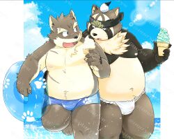 2boys animal_ear_fluff animal_ears artist_name bandana belly black_bandana blue_male_swimwear brown_fur bulge chest_fur claws commentary_request commission dog_boy dog_ears dog_nose facial_scar fang fangs fat fat_man floral_print food fundoshi furry furry_male highres holding holding_floatie holding_food holding_ice_cream holding_ice_cream_cone ice_cream ice_cream_cone inflatable_toy inuryu japanese_clothes live_a_hero looking_at_another looking_at_food male_focus male_swimwear moritaka_(housamo) multiple_boys muscular muscular_male navel nipples ocean open_mouth paw_print peony_print raccoon_boy raccoon_ears scar scar_across_eyebrow scar_on_cheek scar_on_chest scar_on_face scar_on_nose scar_on_stomach shoen_(live_a_hero) skeb_commission smile thick_eyebrows tokyo_houkago_summoners twitter_username watermark whiskers