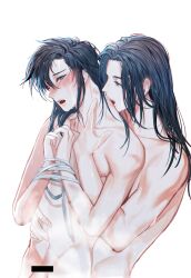 Rule 34 | 2boys, alternate hairstyle, anal, bar censor, bdsm, bishounen, bite mark, biting, black hair, blush, bound, bound wrists, censored, collarbone, completely nude, crying, ear blush, fang, grey eyes, hair down, hickey, highres, hug, hug from behind, implied sex, jujeop, lan wangji, long hair, looking at another, male focus, modao zushi, multiple boys, navel, neck biting, nipples, nude, open mouth, pectorals, penis, ribbon, ribbon bondage, sex, sex from behind, simple background, steam, tears, teeth, toned, toned male, wei wuxian, wet, wet face, wet hair, white background, white ribbon, yaoi, yellow eyes