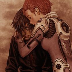 Rule 34 | 1boy, 1girl, ao no roku-gou, black hair, bodysuit, cigarette, commentary request, hayami tetsu, hug, jacket, kino mayumi, light smile, murata range, red hair, short hair