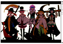 5girls anchor bandages bare_shoulders belt bird_wings black_hair black_legwear blonde_hair bracelet breasts cape cleavage collarbone cosplay doc_q doc_q_(cosplay) eyepatch green_eyes grin hair_bobbles hair_ornament hair_ribbon hat highres ideolo jesus_burgess jesus_burgess_(cosplay) jewelry lafitte_(cosplay) lafitte_(one_piece) letty_whiterock long_hair long_sleeves marshall_d._teach marshall_d_teach_(cosplay) mask multiple_girls murasa_minamitsu mystia_lorelei navel off_shoulder one_piece onozuka_komachi pink_hair puffy_sleeves red_eyes red_hair ribbon rumia sarashi scan scythe short_hair sleeveless sleeves_rolled_up smile standing thighhighs touhou twintails van_augur van_augur_(cosplay) weapon white_background wide_sleeves wings yellow_eyes