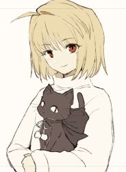 1girl ahoge animal arcueid_brunestud black_cat blonde_hair cat closed_mouth highres holding holding_animal len_(cat)_(tsukihime) len_(tsukihime) looking_at_viewer red_eyes short_hair simple_background single_hair_intake smile sweater tara3763 tsukihime turtleneck turtleneck_sweater upper_body white_background white_sweater