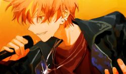 1boy arm_up black_jacket blonde_hair collared_jacket crew_neck ear_piercing earrings fingernails grin holding holding_microphone jacket jewelry kiii_4590 lapels male_focus microphone multicolored_hair multiple_earrings necklace open_clothes open_jacket open_mouth orange_background orange_eyes orange_hair piercing profile project_sekai red_shirt shinonome_akito shirt smile solo streaked_hair stud_earrings sweat teeth upper_body