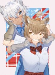 2girls absurdres animal_ear_fluff animal_ears arm_warmers arms_up behind_another blue_bow blue_bowtie blue_skirt bow bowtie breast_pocket brown_hair cheek_pull cheek_squash closed_mouth collared_shirt dark-skinned_female dark_skin grey_eyes grey_hair hair_between_eyes hair_bobbles hair_ornament hamanekoko hands_on_another&#039;s_cheeks hands_on_another&#039;s_face highres kemono_friends kemono_friends_3 leaning_to_the_side lion_ears masai_lion_(kemono_friends) multicolored_hair multiple_girls one_eye_closed plaid_bow plaid_bowtie plaid_clothes plaid_skirt pocket raised_inner_eyebrows red_bow red_bowtie red_skirt shirt shirt_tucked_in short_hair short_sleeves skirt teeth topknot transvaal_lion_(kemono_friends) white_shirt wing_collar yellow_eyes