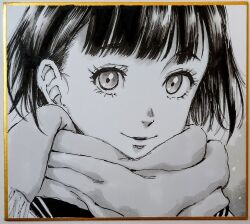 Rule 34 | 1girl, closed mouth, commentary request, eyelashes, greyscale, looking at viewer, makomako1061, monochrome, original, pen (medium), photo (medium), portrait, sailor collar, scarf, shikishi, short hair, smile, solo, traditional media